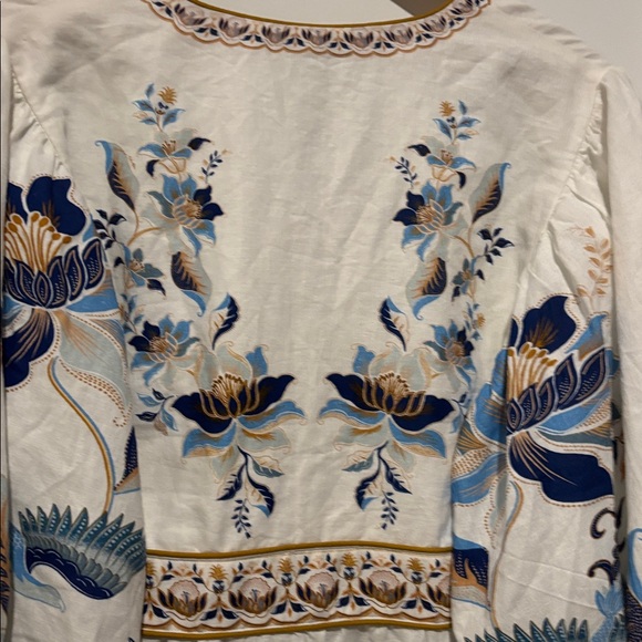 Farm Rio Mystic Blue Lotus Placed Print Long Sleeve Linen Blend Maxi Dress - Picture 12 of 15